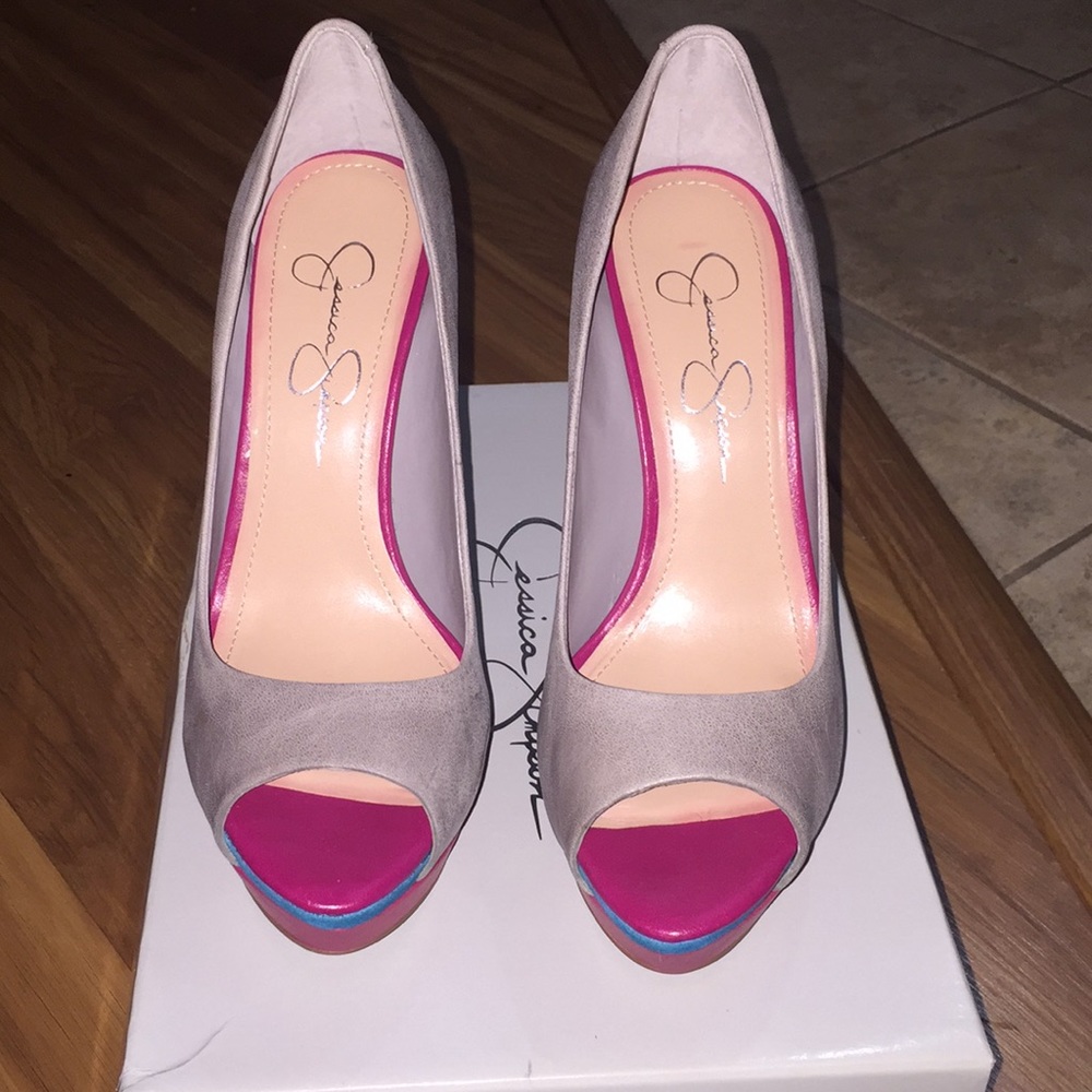 Gently used pink blue and grey heels